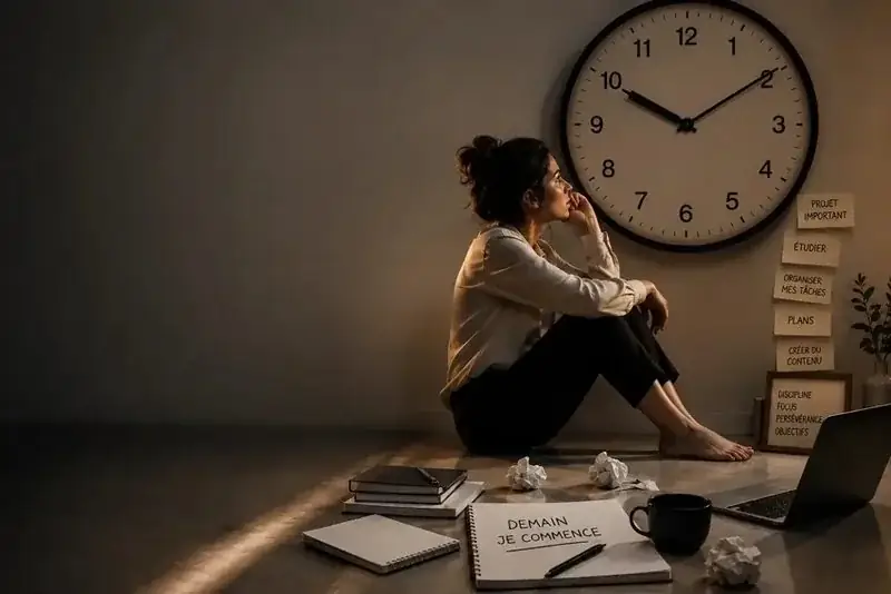 Femme regardant l'horloge en pensant à tout ce qu'elle remet à plus tard